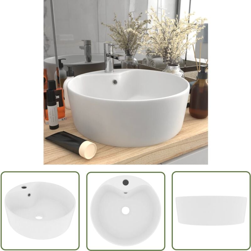 Lavabo de luxe avec trop-plein Blanc mat 36x13 cm Céramique - Lavabo Rond - Lavabo Céramique - Lavabo Blanc - Lavabo Salle De Bain - Lavabo Moderne