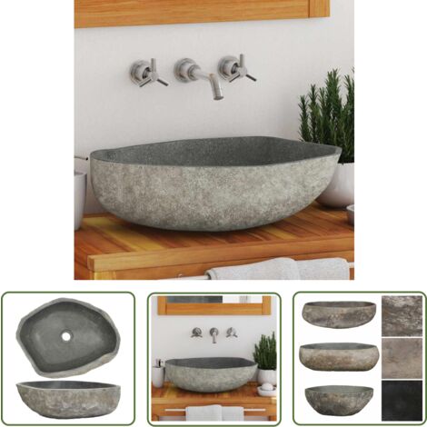 The Living Store Lavabo en pierre de rivière Ovale (45-53)x(34-41) cm - Lave-mains Oval - Lavabo En Pierre Naturelle - Lavabo Rivière - Meuble De Salle De Bain - Robinetterie Salle De Bain