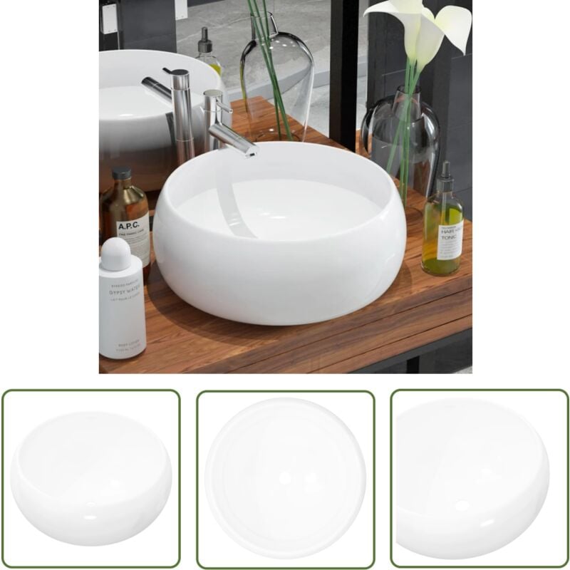 Lavabo ronde Céramique Blanc 40 x 15 cm - Lavabo Rond - Lavabo Céramique - Lavabo Salle De Bain - Lavabo Blanc - Meuble Salle De Bain - The Living