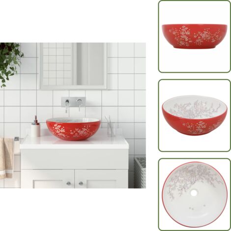 The Living Store Lavabo sobre encimera redondo cerámica blanco y rojo Φ41x14 cm - Cerámica