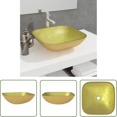 The Living Store Lavabo Verre 42x42x14 cm Doré - Lavabo En Verre - Lavabo Doré - Lavabo Design - Lavabo Salle De Bain - Vasque Salle De Bain