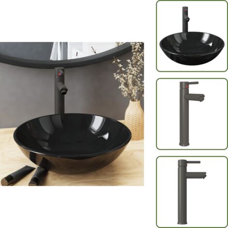 The Living Store Lavandino Bagno con Rubinetto e Piletta in Vetro Temperato Nero - Rubinetto da bagno