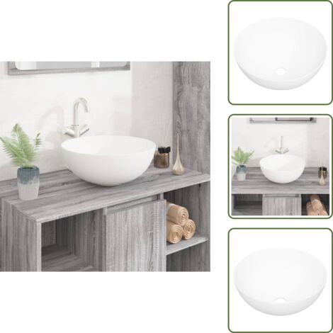 The Living Store Lavandino Bianco 36x15 cm in Ceramica Rotondo - Lavabo ceramico