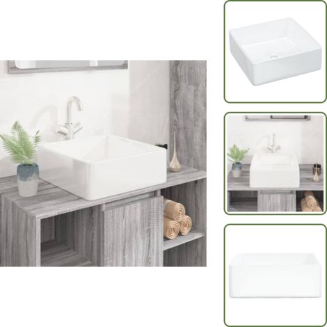 The Living Store Lavandino Bianco 37x37x13 cm in Ceramica Quadrato - Lavandino quadrato