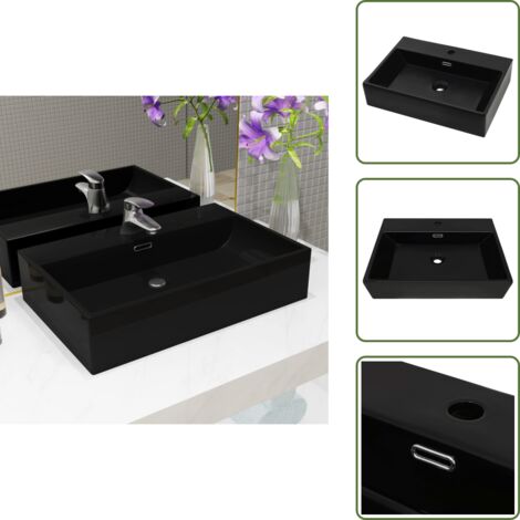 The Living Store Lavandino con Foro Rubinetto in Ceramica Nero 76x42,5x14,5 cm - Lavabo ceramico