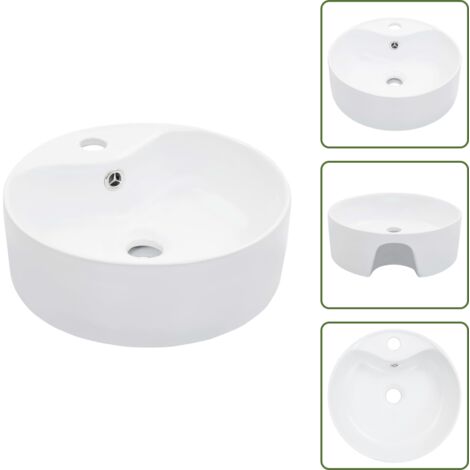 The Living Store Lavandino con Troppopieno 36x13 cm in Ceramica Bianco - Lavabo rotondo