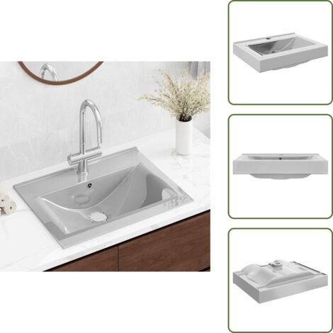 The Living Store Lavandino con Troppopieno 60x46x16 cm in Ceramica Argento - Lavabo argento
