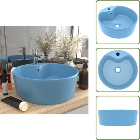 The Living Store Lavandino con Troppopieno Azzurro Opaco 36x13 cm in Ceramica - Lavabo rotondo