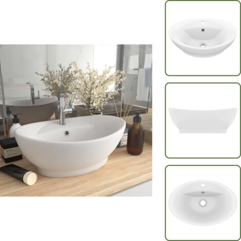 The Living Store Lavandino con Troppopieno Ovale Bianco Opaco 58,5x39cm Ceramica - Lavabo ovale