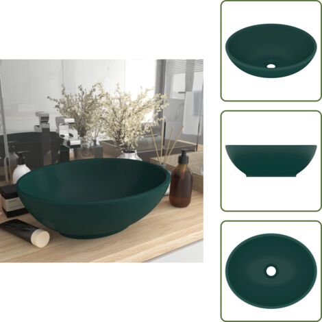 The Living Store Lavandino Lusso Ovale Verde Scuro Opaco 40x33 cm in Ceramica - Lavabo ovale