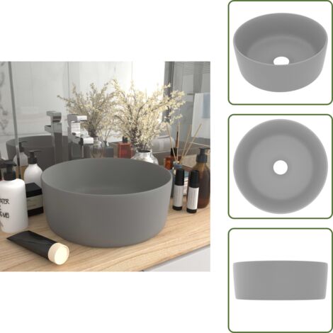 The Living Store Lavandino Lusso Rotondo Grigio Chiaro Opaco 40x15cm in Ceramica - Lavabo rotondo