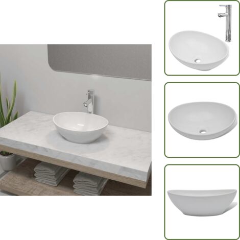 The Living Store Lavello Bagno con Miscelatore in Ceramica Ovale Bianco - Rubinetto miscelatore