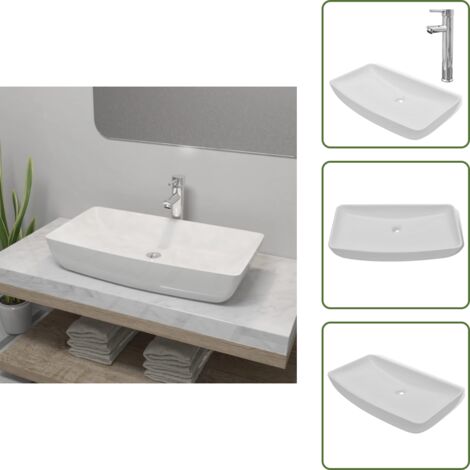 The Living Store Lavello Bagno con Miscelatore in Ceramica Rettangolare Bianco - Rubinetto miscelatore
