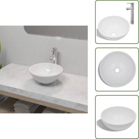 The Living Store Lavello Bagno con Miscelatore in Ceramica Rotondo Bianco - Rubinetto miscelatore
