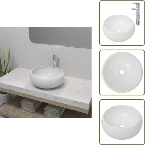 The Living Store Lavello Bagno con Miscelatore in Ceramica Rotondo Bianco - Rubinetto miscelatore