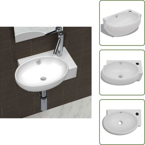 The Living Store Lavello Ceramica con Foro Rubinetto e Troppo Pieno Bianco - Lavabo con foro di troppopieno