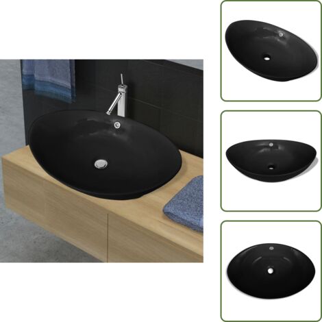 The Living Store Lavello Ovale in Ceramica di Lusso Nero Troppopieno 59x38,5 cm - Lavandino nero