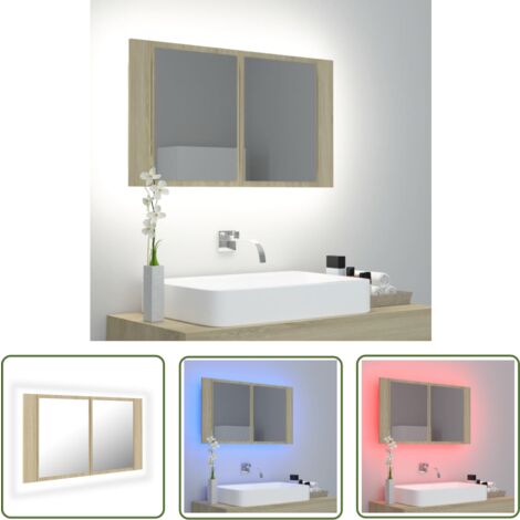 The Living Store LED-Bad-Spiegelschrank Sonoma-Eiche 80x12x45 cm Acryl - LED-Spiegelschrank - Badezimmermöbel - Acrylspiegel - Sonoma-Eiche - RGB Beleuchtung