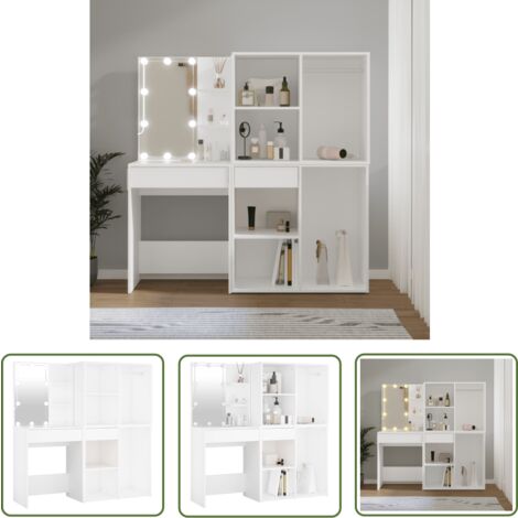 The Living Store LED-Schminktisch mit 2 Schränken Weiß Holzwerkstoff - LED-Schminktisch - Schminktisch Weiß - Kosmetikschreibtisch - Badezimmermöbel - Makeup Tisch
