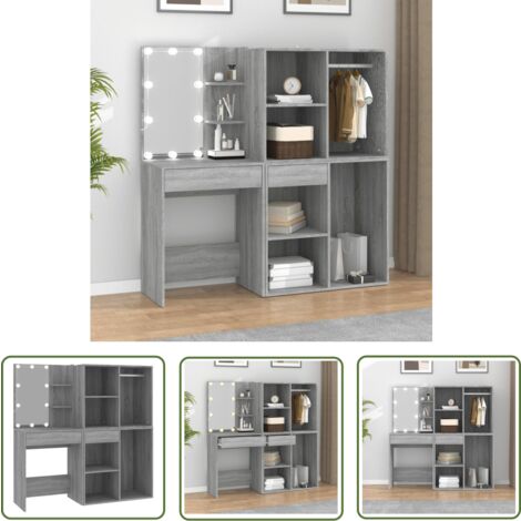 The Living Store LED-Schminktisch mit Schränken Grau Sonoma Holzwerkstoff - LED-Schminktisch - Schminktisch Mit Schubladen - Kosmetiktisch - Badezimmermöbel - Grau Sonoma
