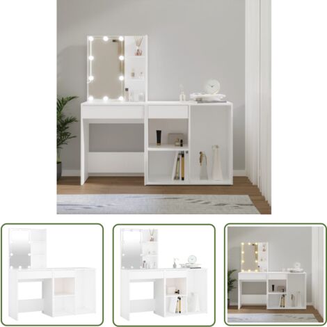 The Living Store LED-Schminktisch mit Schrank Weiß Holzwerkstoff - LED-Schminktisch - Schminktisch Mit Beleuchtung - Kosmetikschreibtisch - Makeup Tisch - Badezimmer Möbel