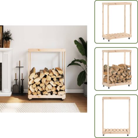 The Living Store Leñero con ruedas madera maciza de pino 76,5x40x108 cm - Almacenamiento de leña