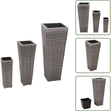 The Living Store Letti Rialzati da Giardino 3 pz in Polyrattan Grigio - Fioriere in rattan