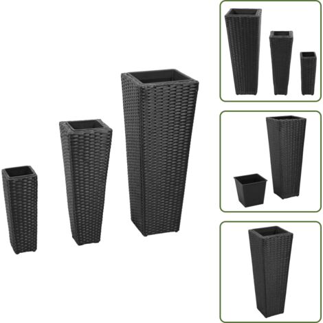 The Living Store Letti Rialzati da Giardino 3 pz in Polyrattan Nero - Fioriere da terrazza