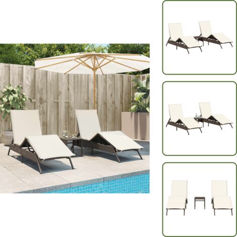 The Living Store Lettini Prendisole 2 pz con Tavolino Marrone in Polyrattan - Tavolino da giardino