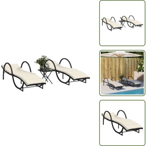 The Living Store Lettini Prendisole 2 pz con Tavolino Nero in Polyrattan - Tavolino da tè