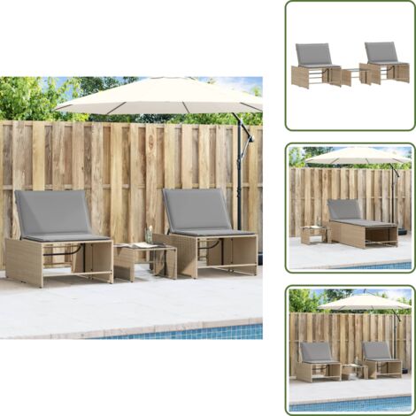 The Living Store Lettini prendisole 2 pz con tavolo beige in polyrattan - Tavolo da esterno