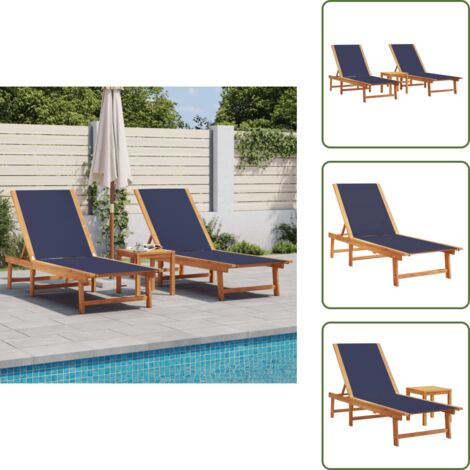 The Living Store Lettini Prendisole 2 pz con Tavolo Blu Legno Acacia e Textilene - Tavolino da giardino