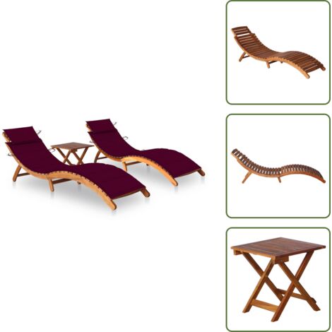 The Living Store Lettini Prendisole 2 pz con Tavolo e Cuscini in Legno d'Acacia - Tavolo da giardino