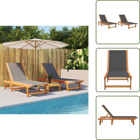 The Living Store Lettini Prendisole 2 pz Neri Legno Massello Acacia e Textilene - Lettino da piscina