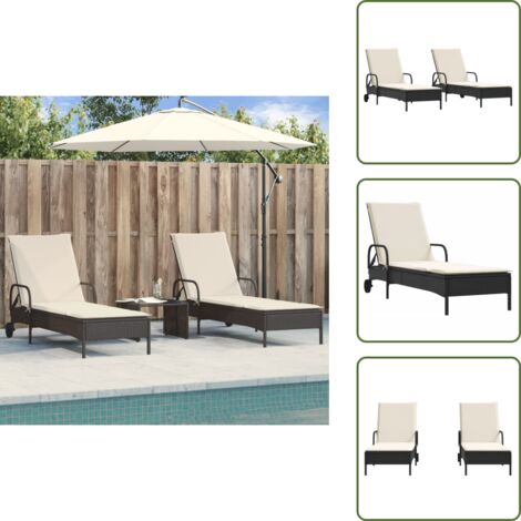 The Living Store Lettini Prendisole con Cuscini 2 pz Neri in Polyrattan - Lettino da giardino