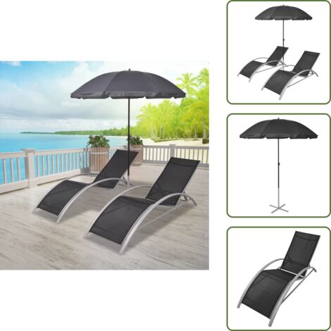 The Living Store Lettini Prendisole con Ombrellone in Alluminio Nero - Ombrellone in alluminio