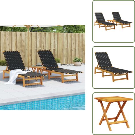 The Living Store Lettini Prendisole con Tavolino 2pz Neri Legno Massello Acacia - Tavolino da giardino