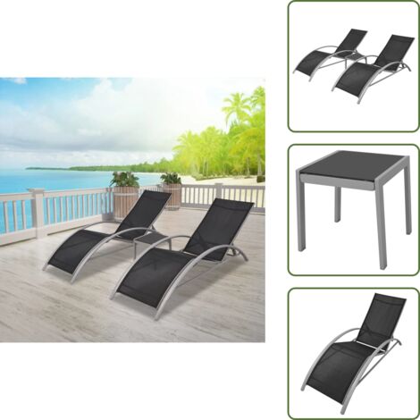 The Living Store Lettini Prendisole con Tavolino in Alluminio Nero - Sedia a sdraio