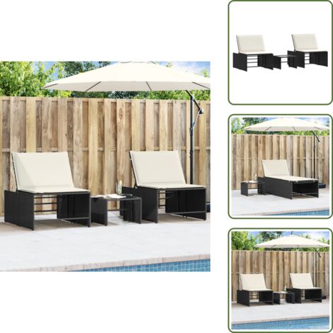 The Living Store Lettini prendisole modulari 2 pz con tavolo nero in polyrattan - Tavolo esterno