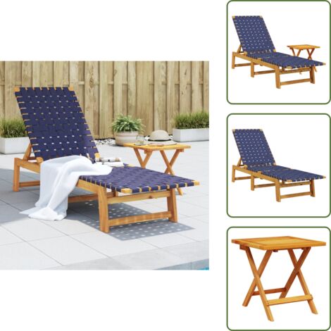 The Living Store Lettino con Tavolino Blu Scuro Legno Massello Acacia e Tessuto - Tavolo da giardino