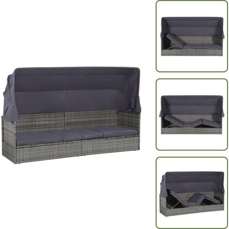 The Living Store Lettino da Giardino con Tettuccio Grigio 205x62 cm Polyrattan - Lettino con tettuccio