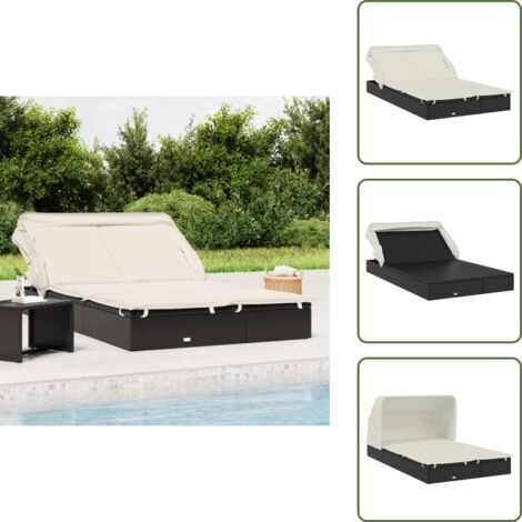The Living Store Lettino Doppio Tetto Pieghevole Nero 213x118x97cm in Polyrattan - Lettino esterno