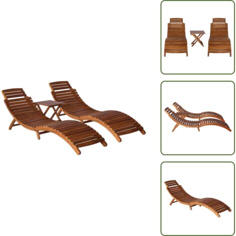 The Living Store Lettino Prendisole 3 pz con Tavolino in Legno Massello d'Acacia - Tavolino pieghevole