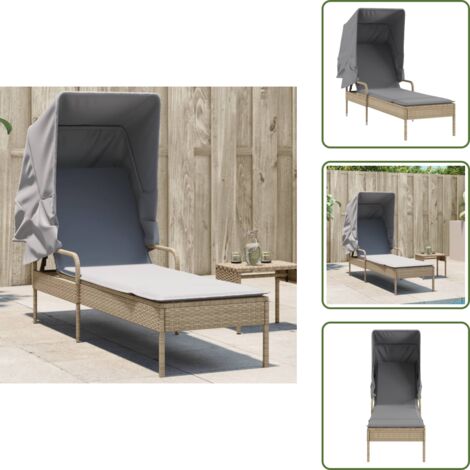 The Living Store Lettino Prendisole con Baldacchino Beige in Polyrattan - Lettino con baldacchino