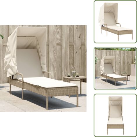 The Living Store Lettino Prendisole con Baldacchino Beige in Polyrattan - Lettino da esterno