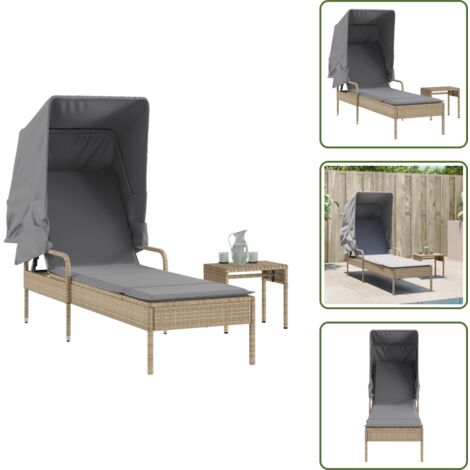 The Living Store Lettino Prendisole con Baldacchino e Tavolino Beige Polyrattan - Tavolino da tè