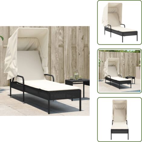 The Living Store Lettino Prendisole con Baldacchino Nero in Polyrattan - Lettino con baldacchino