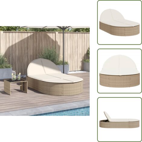 The Living Store Lettino Prendisole con Cuscini Beige in Polyrattan - Cuscini