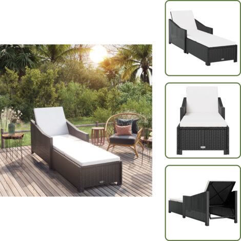 The Living Store Lettino Prendisole con Cuscino Bianco Crema in Polyrattan Nero - Lettino da patio