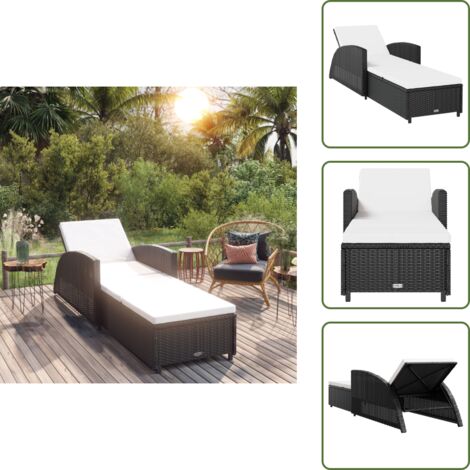 The Living Store Lettino Prendisole con Cuscino Bianco Crema in Polyrattan Nero - Lettino da patio